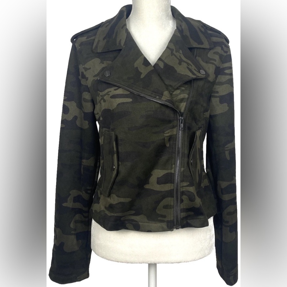 Sanctuary Women L Moto Jacket Olive Green Camo Faux Suede Biker Asymmetrical NWT